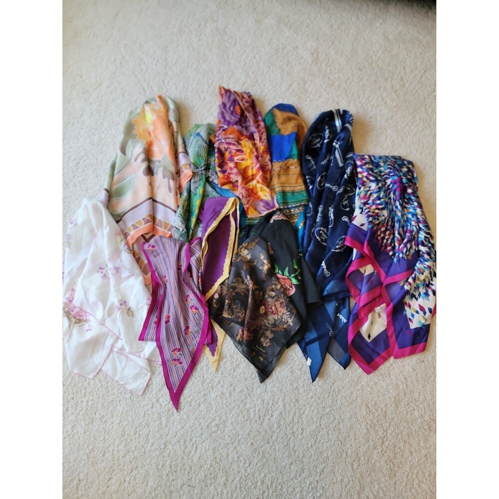 Lot Of 11 Vintage To Modern Scarves Various Sizes And Patterns